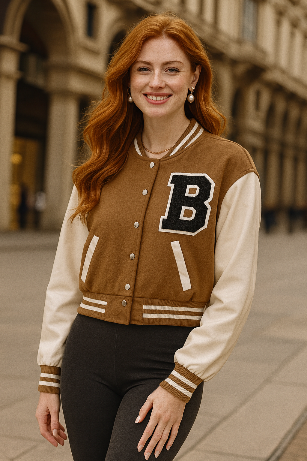 80055 Warm Camel Brown Chic Varsity Jacket
