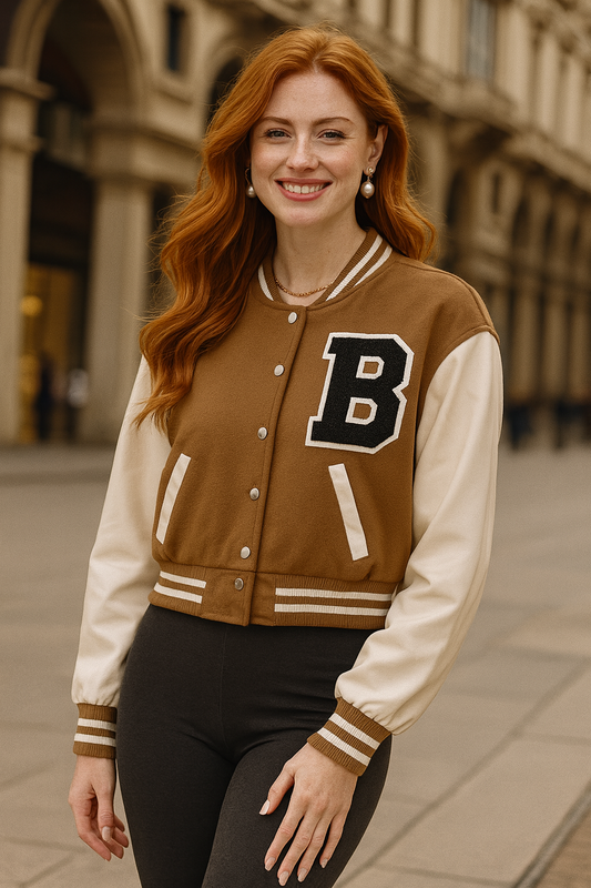 80055 Warm Camel Brown Chic Varsity Jacket