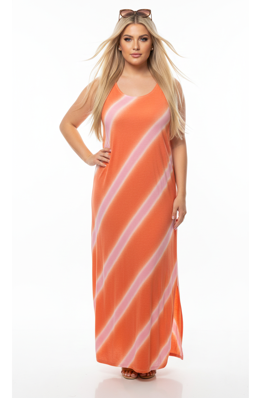 8296 Blush Pink & Coral Summer Stripe Sleeveless Dress Plus