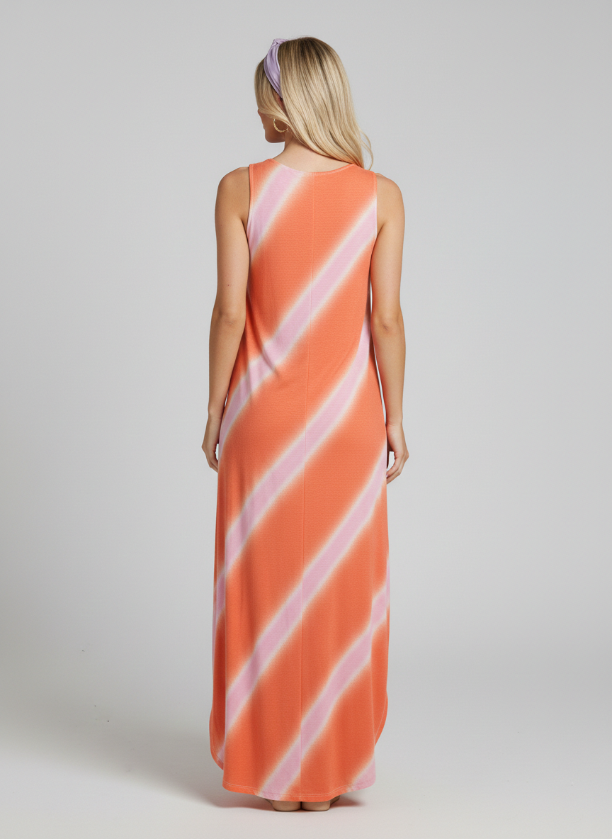 8296 Blush Pink & Coral Summer Stripe Sleeveless Dress