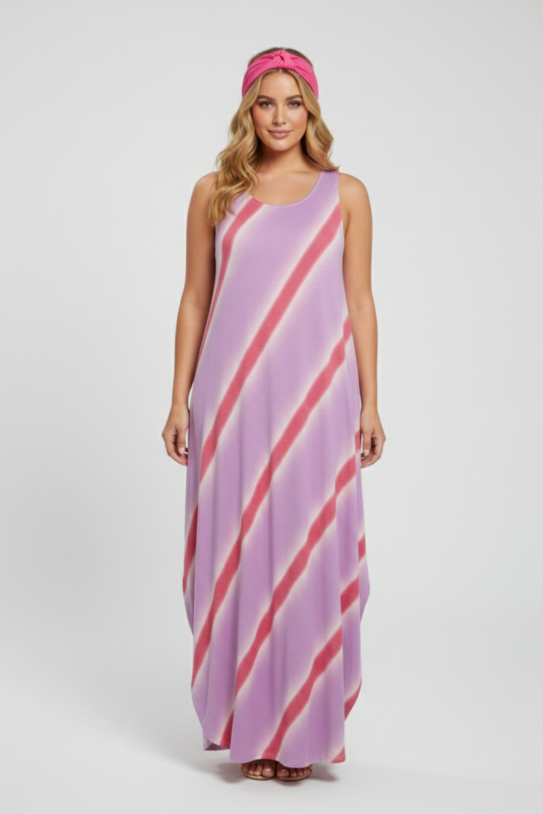 8296 Lavender and Rose Stripe Sleeveless Dress Plus