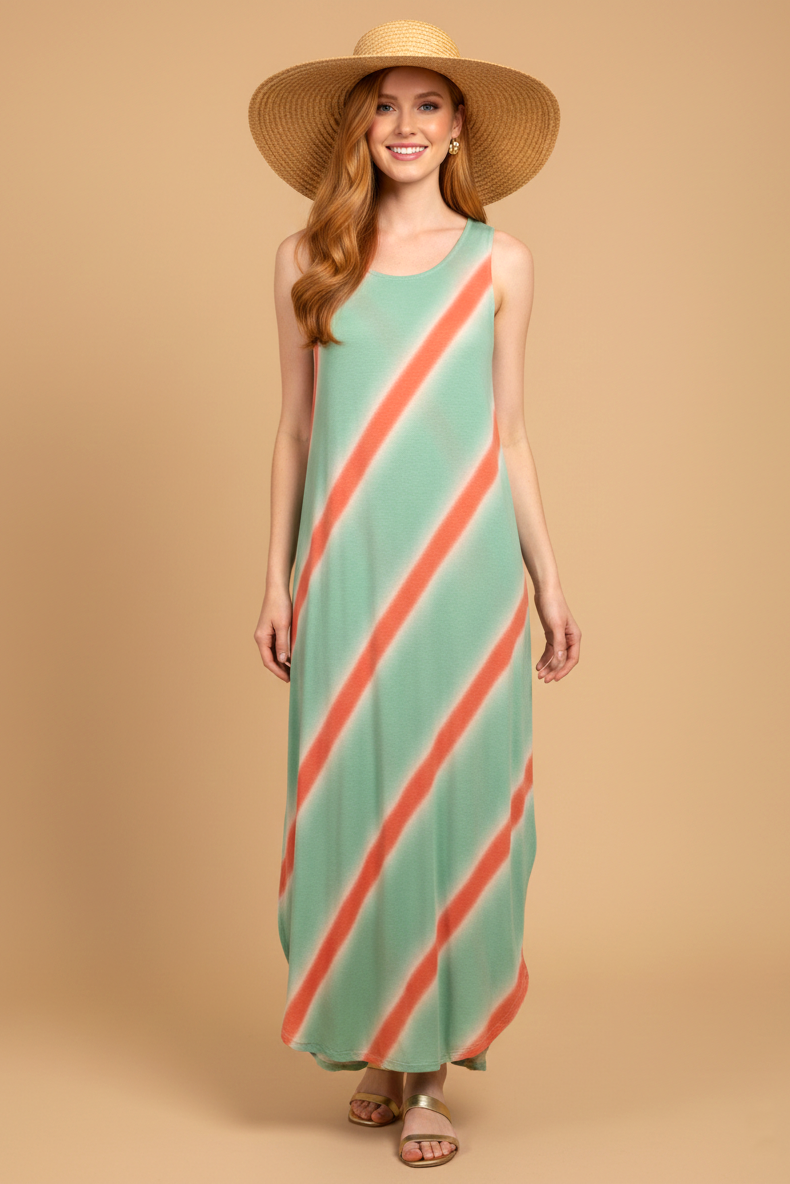 8296 Mint & Coral Stripe Sleeveless Dress
