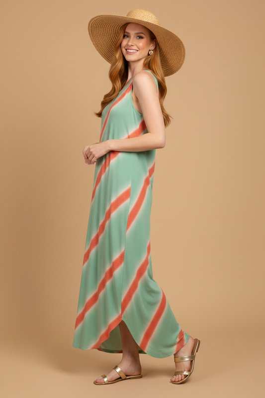 8296 Mint & Coral Stripe Sleeveless Dress