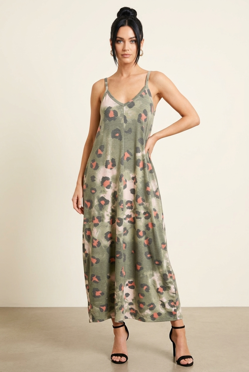 8434 Olive Leopard Maxi Dress with pockets