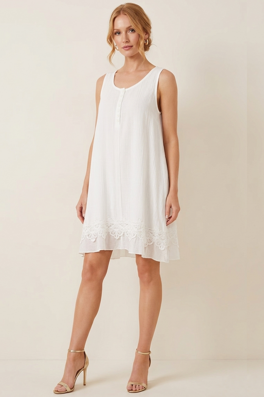 85000 Summer Cream Sleeveless Dress with Lace Hem