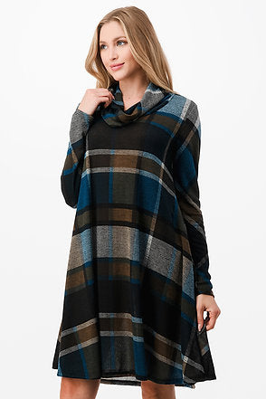 Style 5690 Blue Plaid Cowl Neck Side Pocket Dress Plus