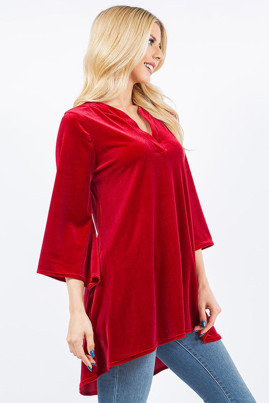 Style 30207 Red Velvet Notch Collar Top with Bell Sleeve Plus