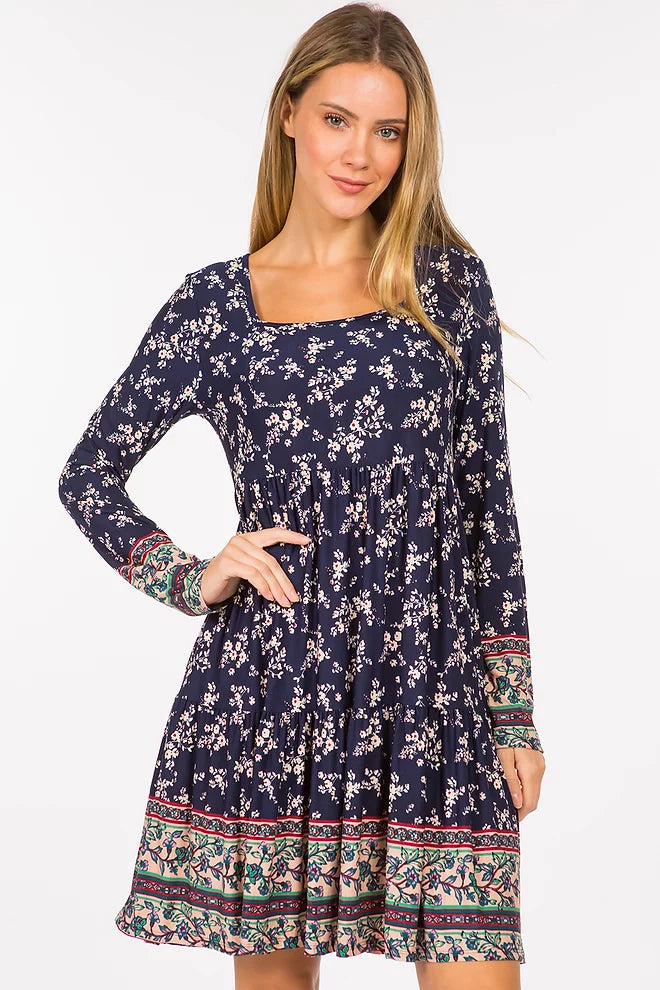 Style 5562 Navy Border Print Tunic Dress With Side Pockets