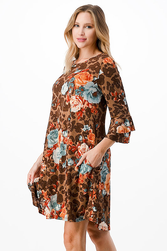 Style 3811 Brown Floral Double Ruffle Sleeve Tunic Dress Plus