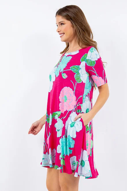 Style 3500 Fuchsia Floral Tunic Dress with Side Pockets Plus