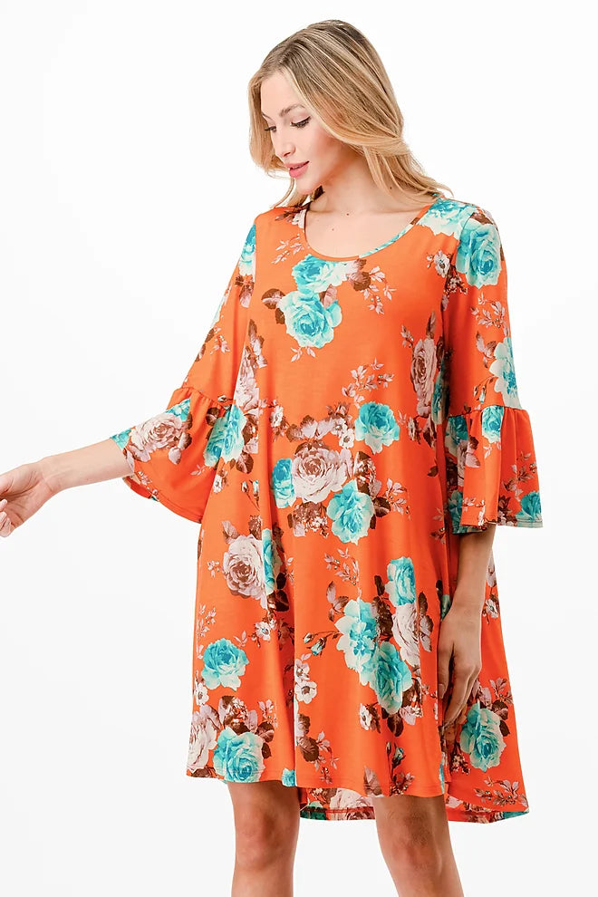 Style 3998 Orange Floral Tunic Dress with Side Pockets Plus