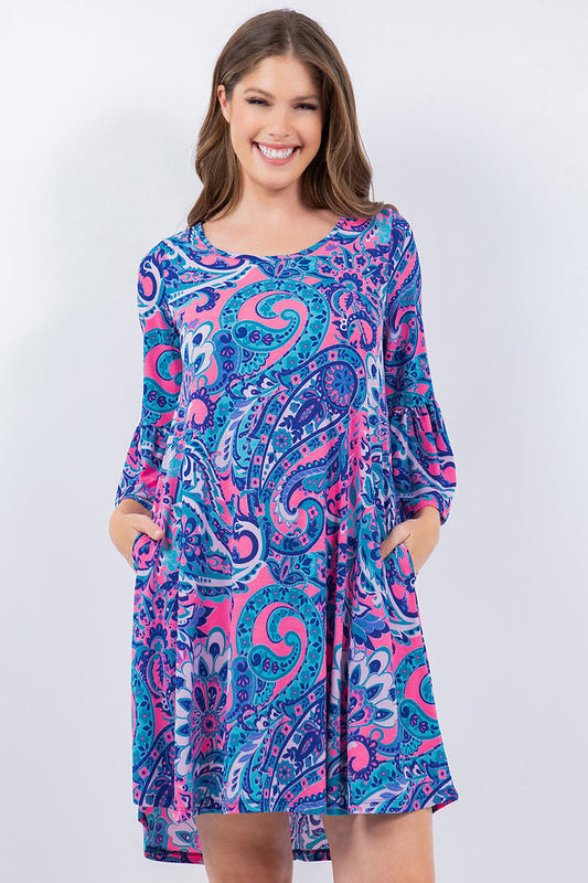 Style 3998 Blue Pink Paisley Tunic Dress with Side Pockets Plus