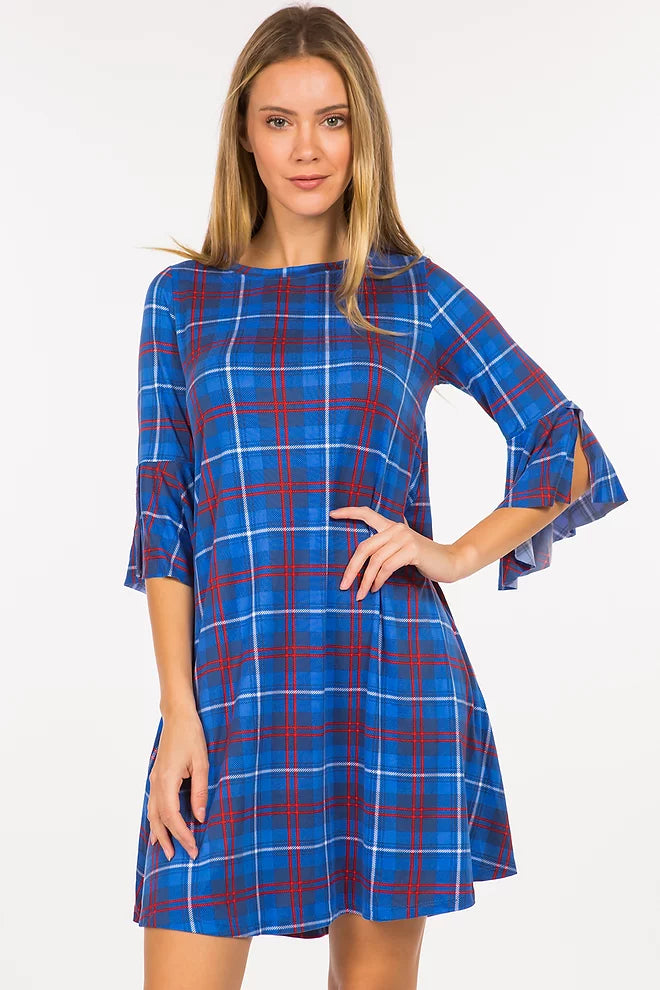 Style 3593 Blue Red Plaid Tunic Dress With Side Pockets