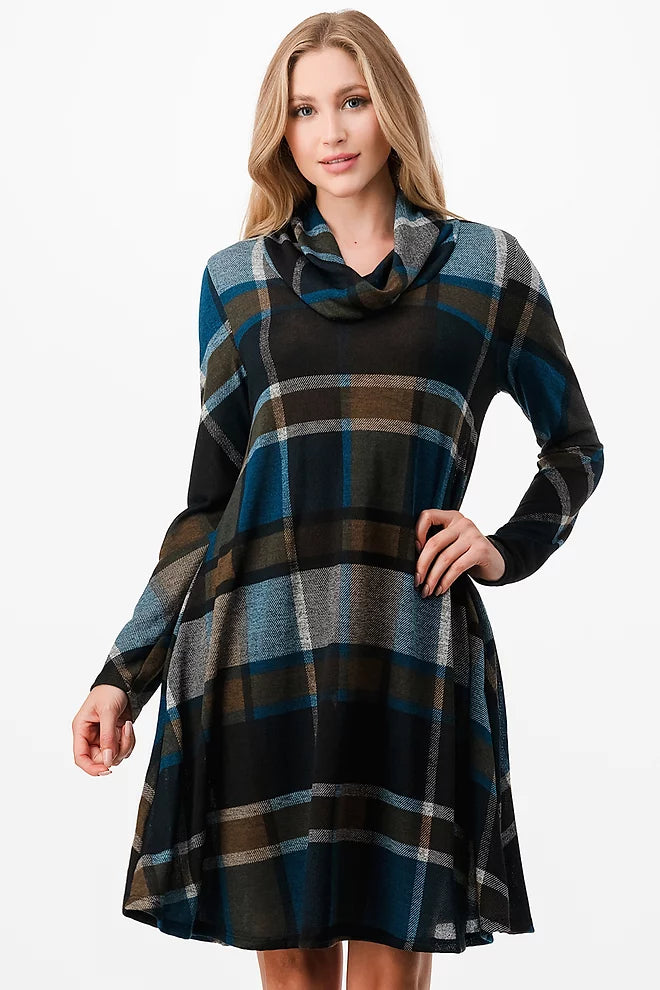 Style 5690 Blue Plaid Cowl Neck Side Pocket Dress