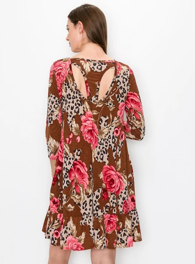 Style 5526 Brown Floral Tunic Dress With Ruffle Bottom Plus