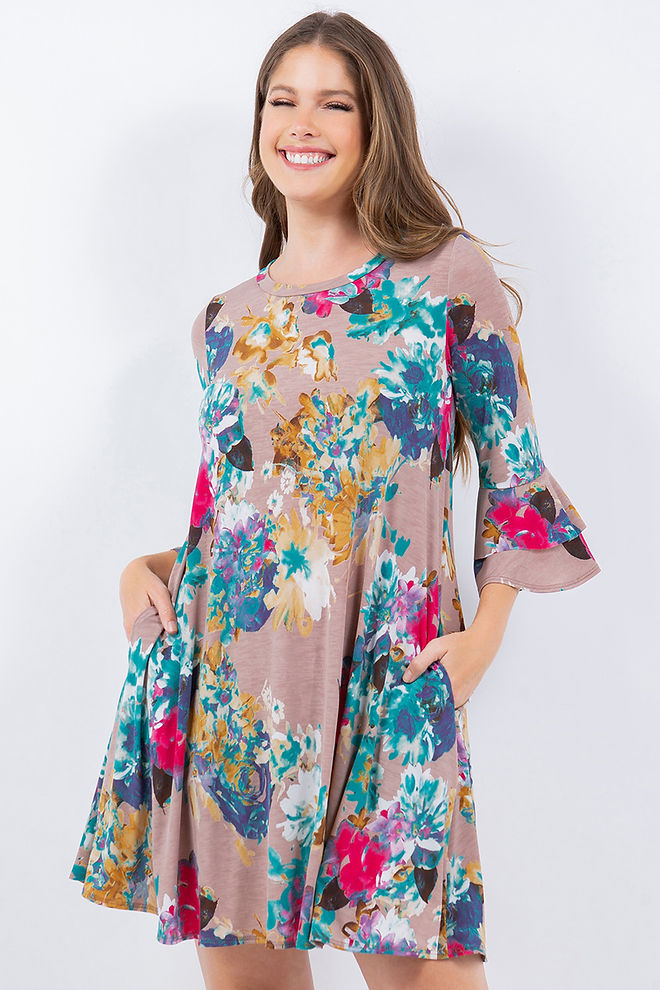 Style 3811 Mocha Floral Print Tunic Dress with Side Pockets