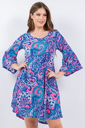 Style 3998 Blue Pink Paisley Tunic Dress with Side Pockets