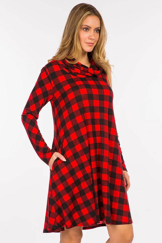 Style 5690 Red Black Buffalo Check Tunic Dress with Side Pockets