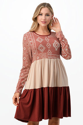 Style 5610 Rust Aztec Color Block Tunic Dress with Side Pockets