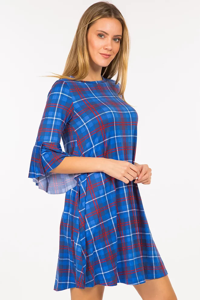 Style 3593 Blue Red Plaid Tunic Dress With Side Pockets Plus