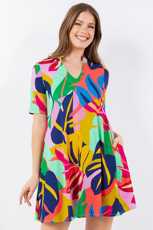 Style 5086 Multi Color Notch Collar Tunic Dress with Side Pocket