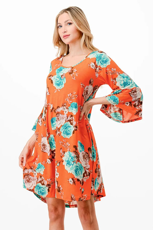 Style 3998 Orange Floral Tunic Dress with Side Pockets