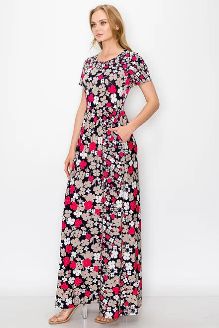 Style 3773 Black Red Floral Maxi Dress with Side Pockets Plus