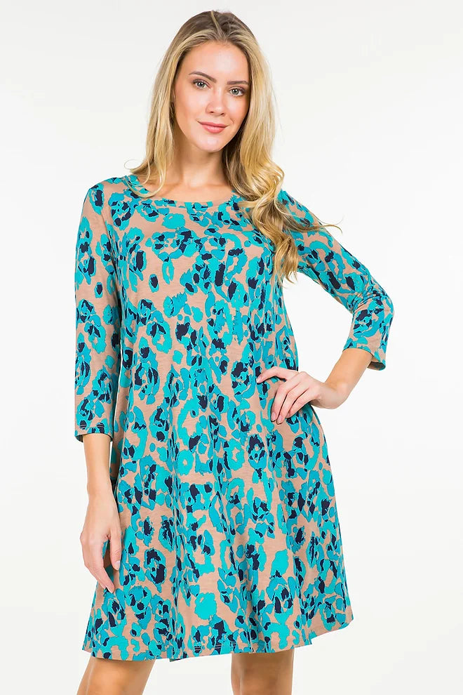 Style 43217 Teal Mocha Print Side Pocket Dress