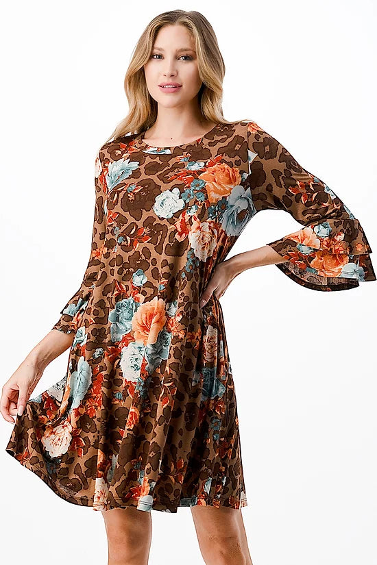 Style 3811 Brown Floral Double Ruffle Sleeve Tunic Dress