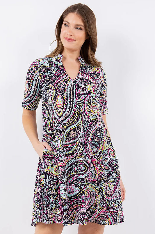 Style 5086 Black Paisley Notch Collar Tunic Dress With Side Pockets