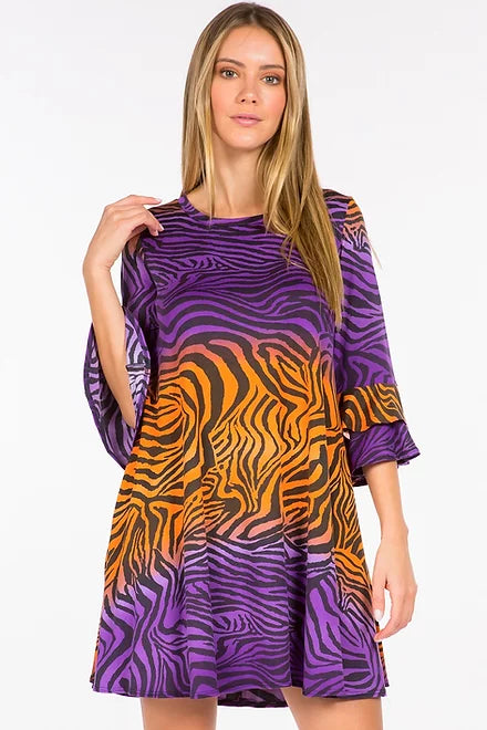 Style 3811 Purple Orange Print Dress with Side Pockets