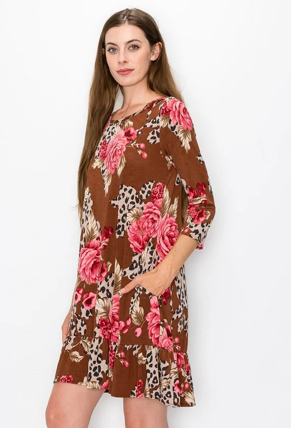 Style 5526 Brown Floral Tunic Dress With Ruffle Bottom