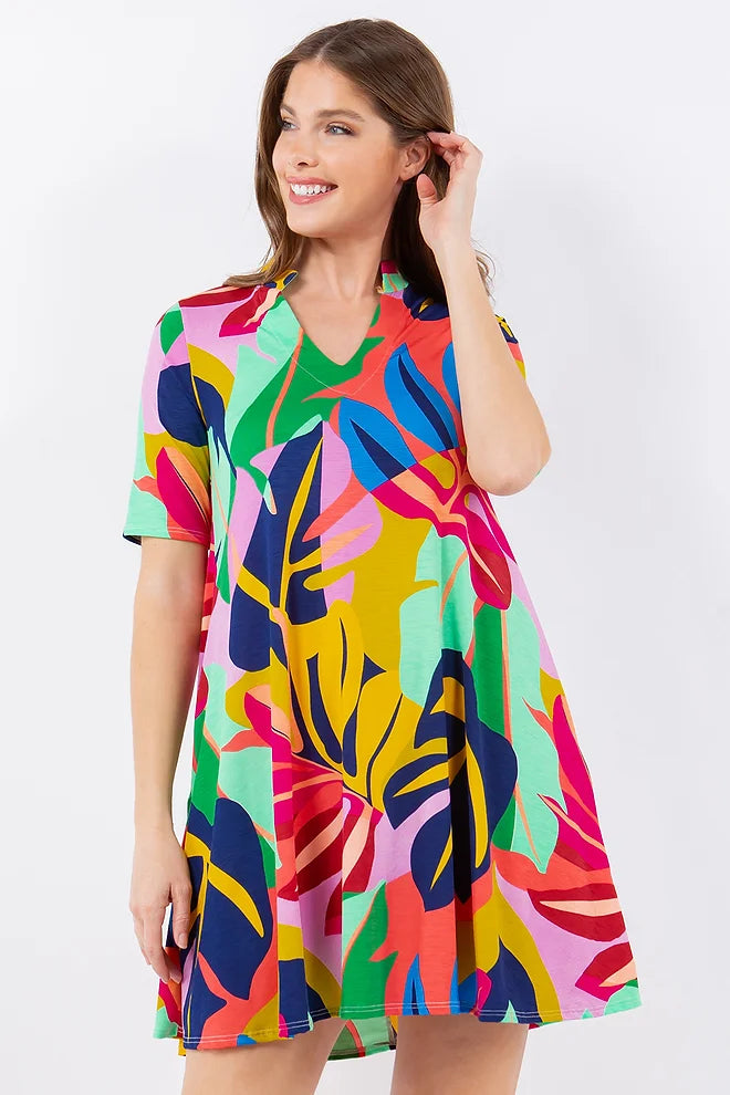 Style 5086 Multi Color Notch Collar Tunic Dress with Side Pocket Plus