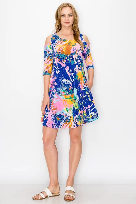 Style 35699 Blue Floral Tunic Dress With Side Pockets