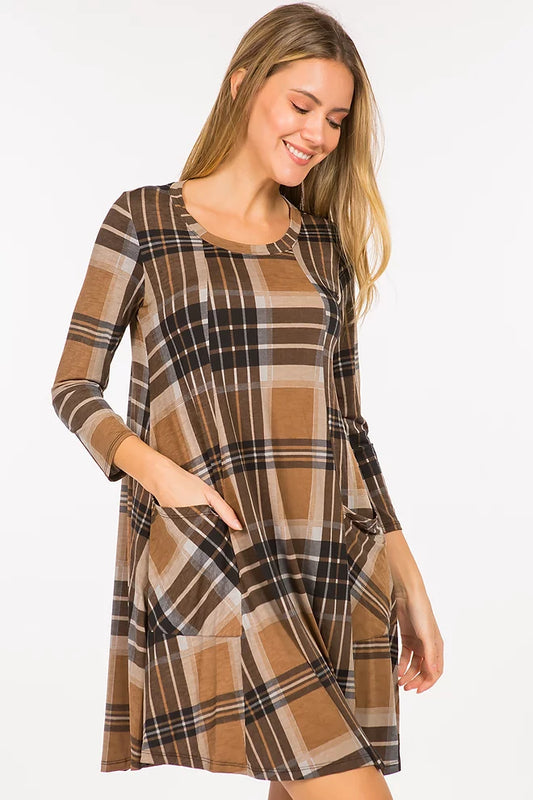 Style 3457 Brown Plaid Tunic Dress with Pockets