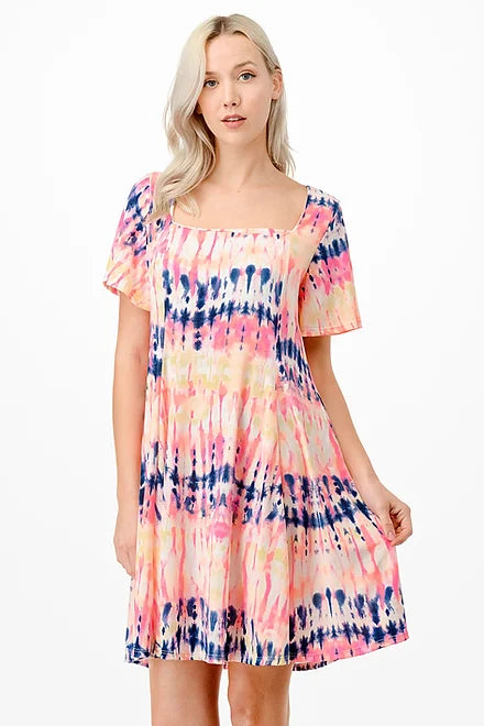 Style 5757 Square Neck Tye Dye Print Side Pocket Dress