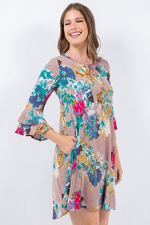 Style 3811 Mocha Floral Print Tunic Dress with Side Pockets Plus