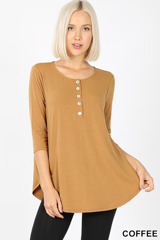 1597 Coffee Three Quarter Length Top W/ Buttons