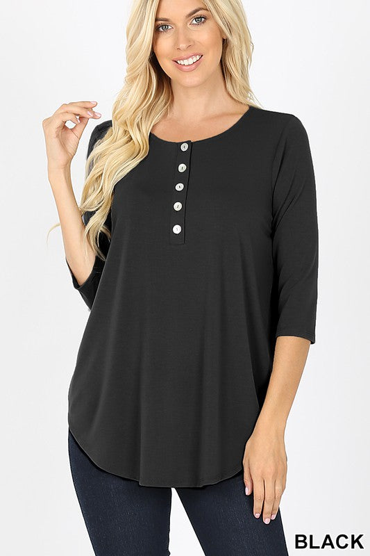 1597 Black Three Quarter Length Top W/ Buttons