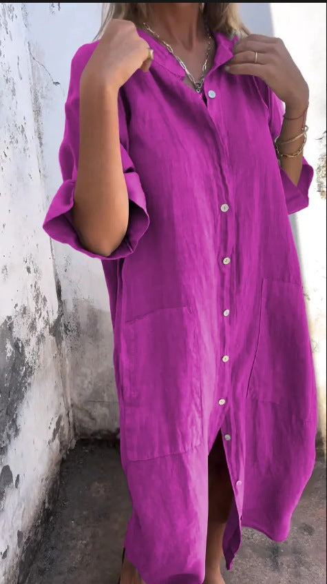 Style 047 Purple Linen Button Down Midi Dress