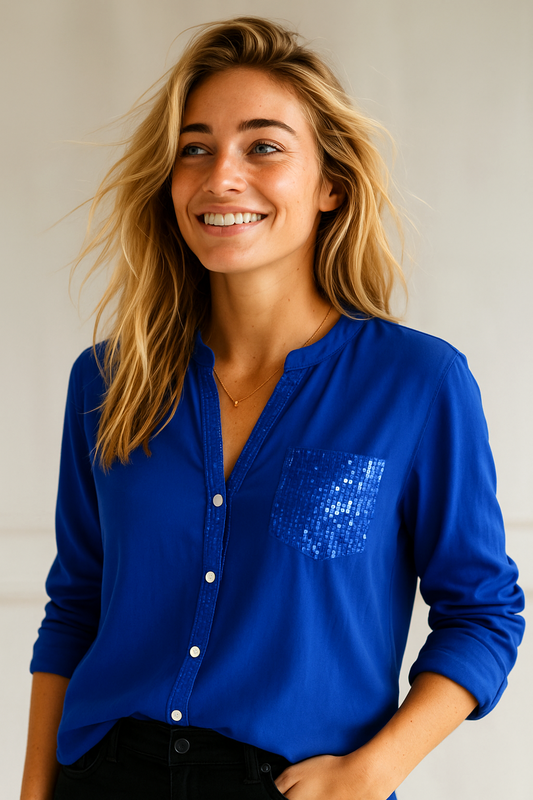 0225 Blue Sequin Trimmed Top with Sequin Pocket