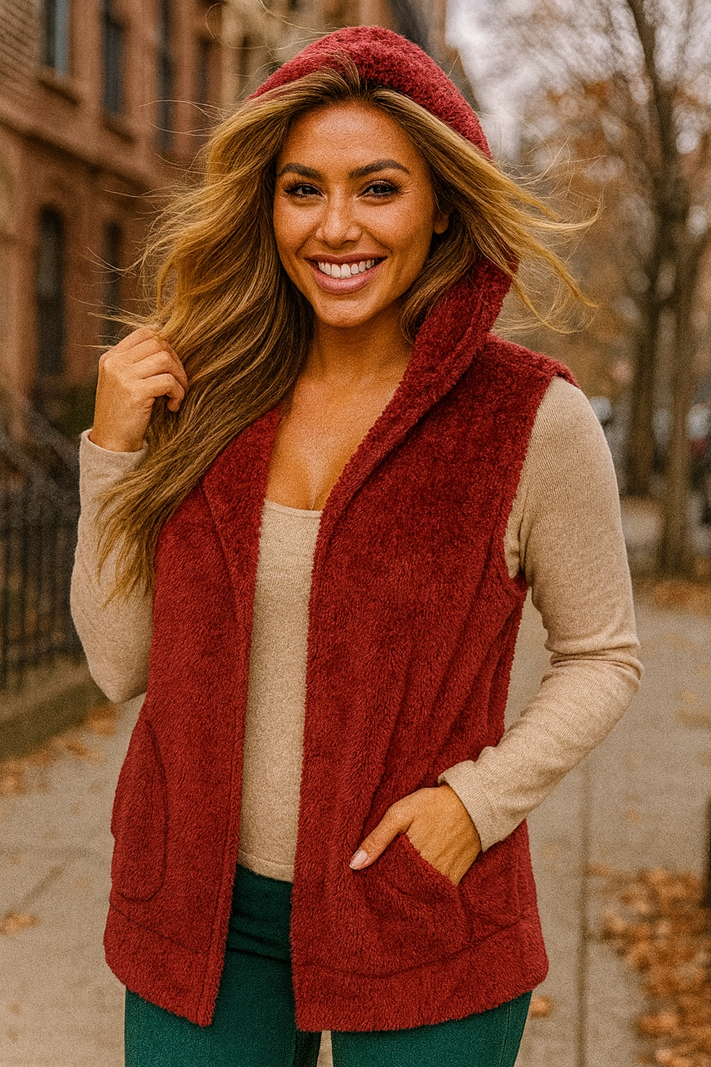 90043 Scarlet Hooded Sherpa Vest