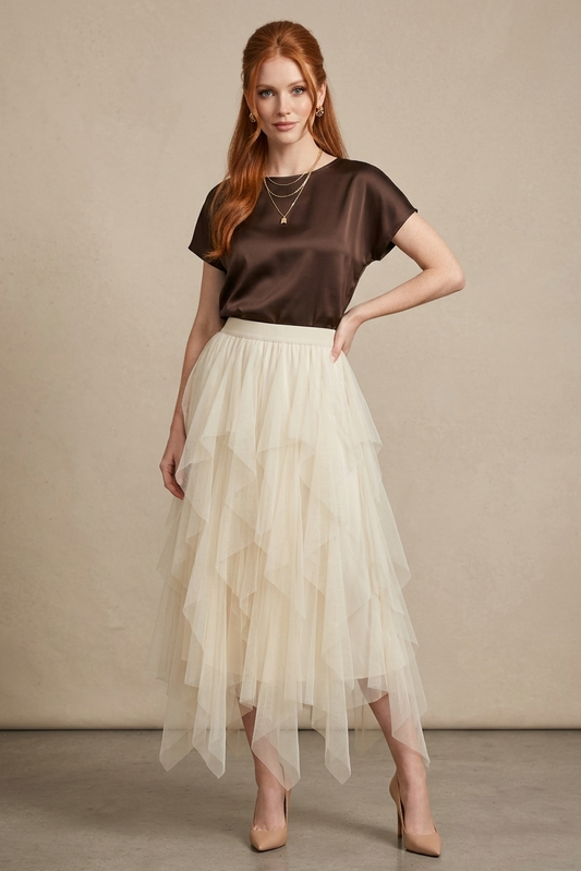 9011 White Breeze Tulle Maxi Skirt