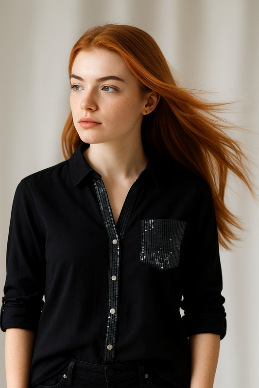 0225 Black Sequin Trimmed Top with Sequin Pocket