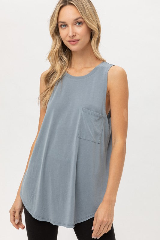 2923 Blue Stone Knit Solid Sleeveless Tank Top