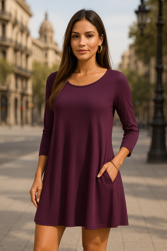 9497 Eggplant Chic Long Sleeve Pocket Tunic Dress
