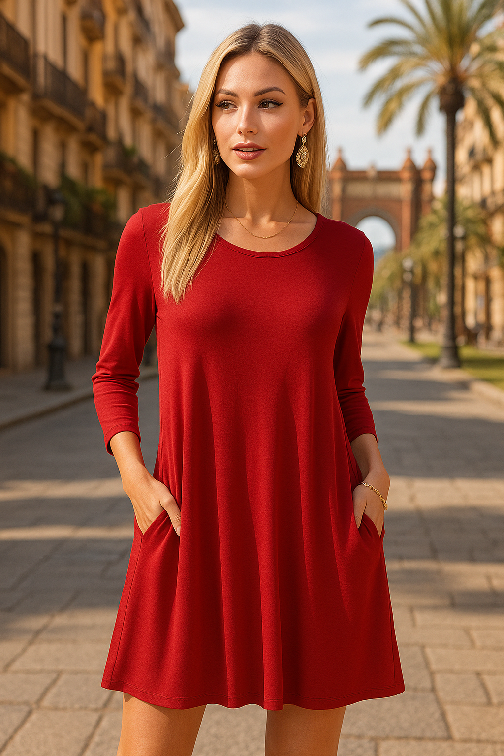 9497 Red Romance Long Sleeve Pocket Tunic Dress