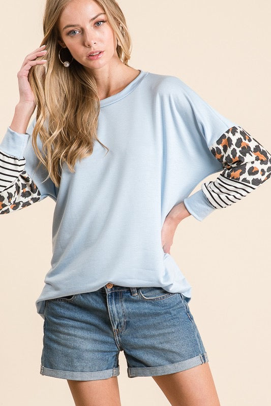 Blue Leopard Mixed Media Sleeve Top