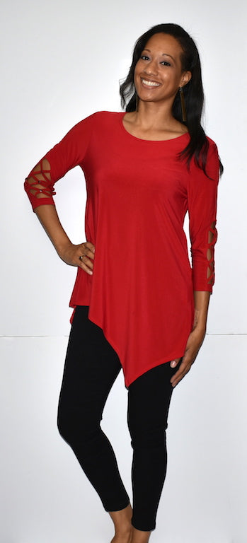 1217 Red Criss Crossed Sleeve w/ Stud Top