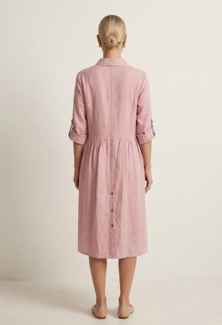 9887 Blush Pink Button-Down Linen Dress with pockets